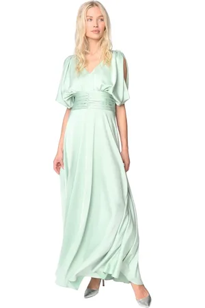 Crās Kjole, Dame, Grøn, XS, Polyester, Skinnende Maxi Kjole med Puff Ærmer