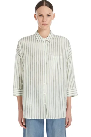 Max Mara Bluser & Skjorter, Dame, Grøn, XL, Stribet hørskjorte med spids krave