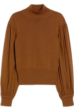Max Mara Strik, Dame, Brun, XS, Uld, Brun Turtleneck Sweater med Brede Puff Ærmer