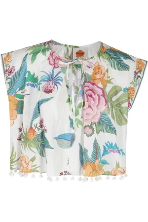 Farm Rio Bluser & Skjorter, Dame, Flerfarvet, XS, Bomuld, Blomstret bomuldsbluse med pomponer