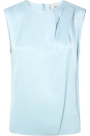 Twin-Set Top, Dame, Blå, L, Uld, Satin Ærmeløs Top med Draperet Skulder