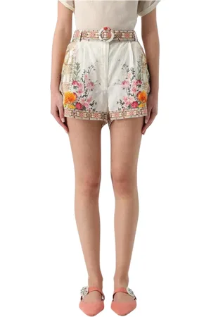 Camilla Shorts, Dame, Flerfarvet, M, Linned, Hvid Blomstret Linnedshorts med Bælte