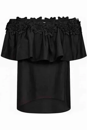 Copenhagen Muse Top, Dame, Sort, L, Uld, Elegant Off-Shoulder Top med Håndsyede Blomster