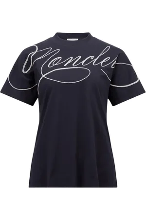 Moncler Top, Dame, Blå, S, Bomuld, Broderet Bomuld T-Shirt Navy