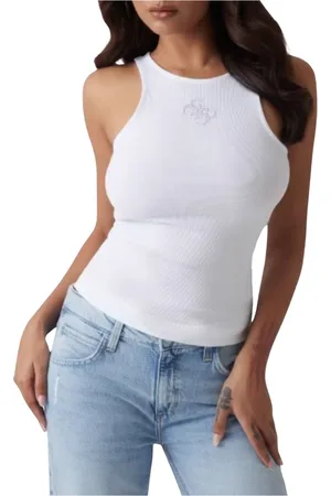 Guess Top, Dame, Hvid, XS, Polyester, Ribbet Rund Hals Top Guendalina
