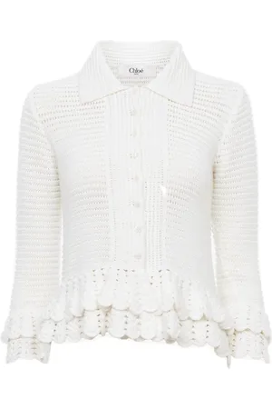 Chloé Strik, Dame, Hvid, S, Bomuld, Hvid Sweater med Flæser og Perlemorsknapper