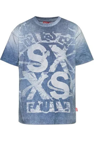 Diesel Top, Herre, Blå, L, Bomuld, Blå Ribbet Print T-shirt Polos