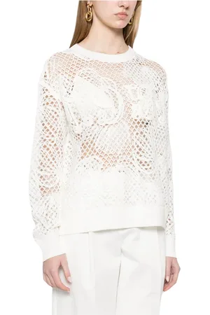 Max Mara Strik, Dame, Grå, S, Bomuld, Grå Crewneck Sweater med Placeret Mønster