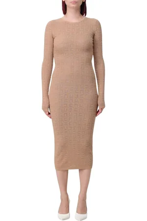 Elisabetta Franchi Kjole, Dame, Brun, L, Uld, Elegant Geometrisk Strik Midi Kjole