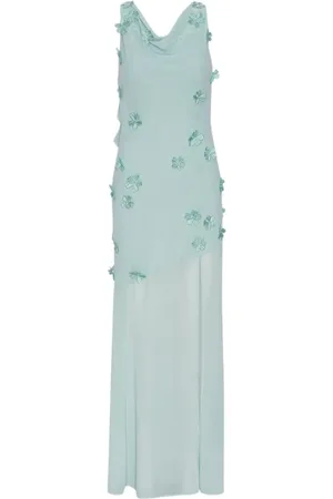 ROTATE Kjole, Dame, Blå, S, Polyester, Blå Halterneck Maxi Kjole med Blomsterdetaljer