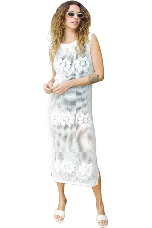 Crās Kjole, Dame, , 2XL, Blomstret Strik Midi Kjole med Slids