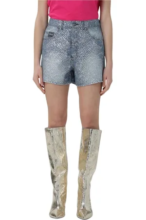 VERSACE Shorts, Dame, Blå, W28, Denim, Leopard Print Denim Shorts