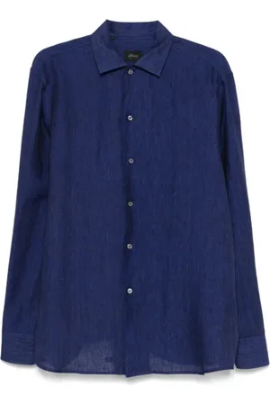 BRIONI Skjorte, Herre, Blå, XL, Linned, Marineblå Linned Skjorte med Krave