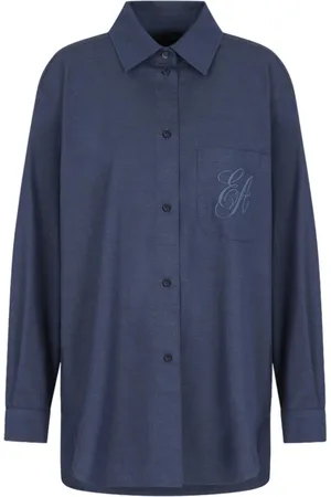 Emporio Armani Bluser & Skjorter, Dame, Blå, S, Klassisk Button-Up Skjorte med Logo Broderi