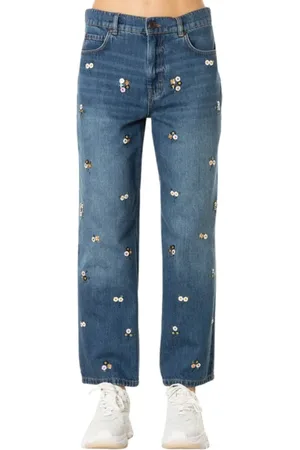 Max Mara Jeans, Dame, Blå, M, Bomuld, Broderede ankellange jeans i medium indigo