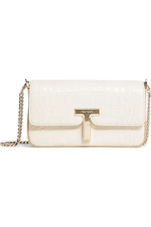Tom Ford Taske, Dame, Hvid, ONE SIZE, Uld, Hvid Croc Mini Taske med Guld T-Plaque