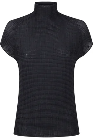Issey Miyake Strik, Dame, Sort, M, Plisseret Sort og Hvid Skjorte