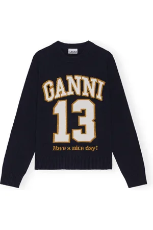 Ganni Strik, Dame, Sort, M, Uld, Grafisk Baseball Crewneck Sweater i Uldblanding