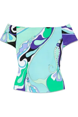 Emilio Pucci Bluser & Skjorter, Dame, Flerfarvet, S, Uld, Blå Off-Shoulder Kortærmet Skjorte