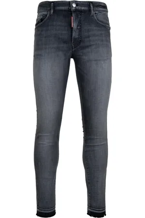 Dsquared2 Jeans, Herre, Grå, M, Læder, Mænds Knaphul Jeans med Læder Patch