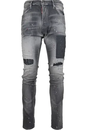Dsquared2 Jeans, Herre, Grå, M, Læder, Mænds Knappes Jeans med Læder Patch