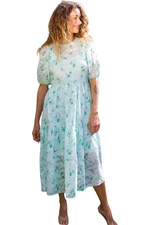 Crās Kjole, Dame, Grøn, S, Polyester, Blomstret Midi Kjole med Puffærmer