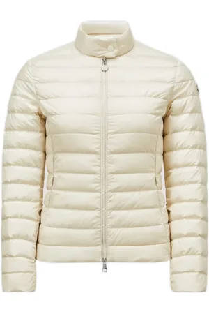 Moncler Jakke, Dame, Hvid, XS, Uld, Hvid Dunfyldt Frakke med Lynlås Lukning