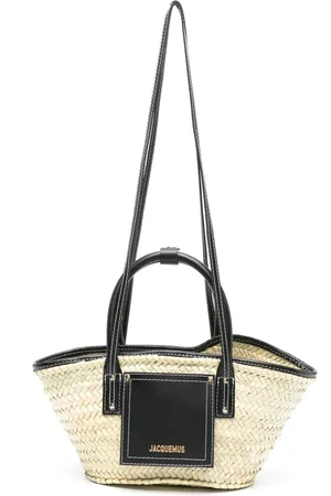 Jacquemus Taske, Dame, Sort, ONE SIZE, Uld, Sort Raffia Skuldertaske med Læderkant