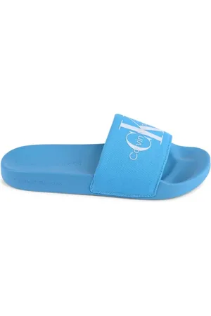Calvin Klein Sko, Dame, Blå, 40 EU, Bomuld, Blå Lærred Logo Slides Kvinder