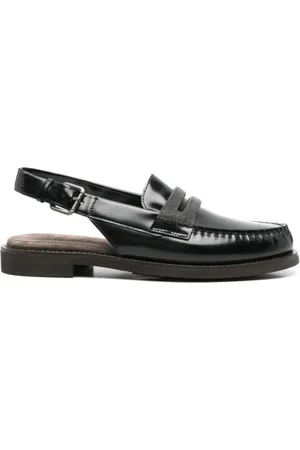 Brunello Cucinelli Sko, Dame, Sort, 38 1/2 EU, Læder, Sorte læder slingback loafers med kædedetalje