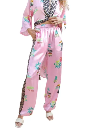 Crās Bukser, Dame, Lyserød, XL, Polyester, Hawaii Print Kimono Stil Bukser