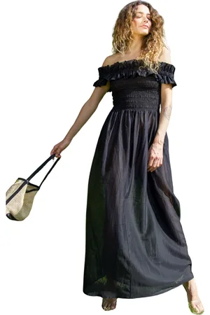 Crās Kjole, Dame, Sort, XS, Uld, Off-shoulder Smock Maxi Kjole Sort
