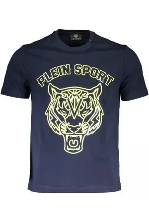 Philipp Plein Top, Herre, Blå, XL, Bomuld, Blå Bomuld T-Shirt, Kort Ærme, Crew Neck, Print, Logo