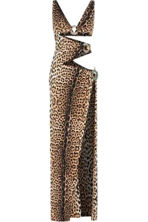 Roberto Cavalli Kjole, Dame, Brun, S, Leopard Print Maxi Kjole med Cut-Outs
