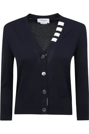 Thom Browne Strik, Dame, Blå, XS, Bomuld, V-hals Cardigan med 4-linje Detalje