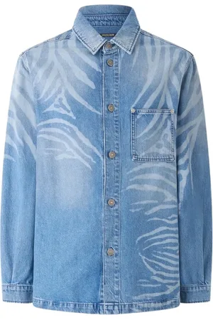 Roberto Cavalli Skjorte, Herre, Blå, M, Denim, Denim Skjorte med Tiger Skin Print