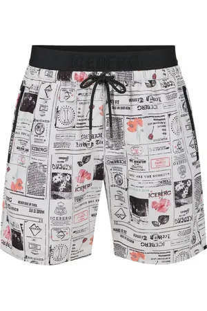Iceberg Badetøj, Herre, Hvid, XL, Uld, Optisk hvid avisprint badeshorts med talje, snøre og kontrasterende logo
