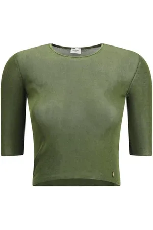 Saint Laurent Strik, Dame, Grøn, L, Tyl, Ribstrikket Crop Top