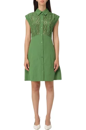 Liu Jo Kjole, Dame, Grøn, L, Bomuld, Hvid V-Neck Midi Kjole Elegant Stil