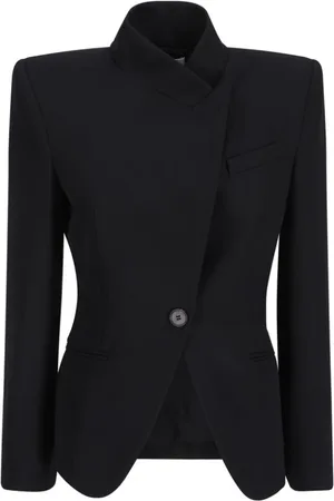 Alexander McQueen Jakke, Dame, Sort, XS, Uld, Uld Blazer Jakke med Asymmetrisk Krave