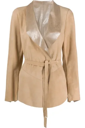 Suprema Jakke, Dame, Brun, XL, Læder, Beige Læder Bæltet Jakke med Shawl Revers