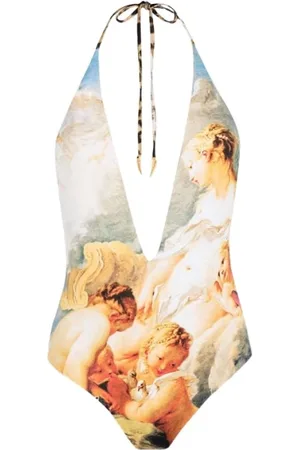 Roberto Cavalli Badetøj, Dame, Flerfarvet, XS, Uld, Halterneck Maleri-Print Badedragt