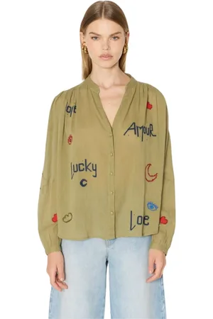 Berenice Bluser & Skjorter, Dame, Grøn, M, Bomuld, Cassandralucky Chemise khaki flydende med broderier