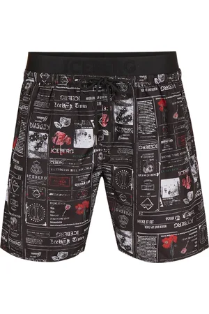 Iceberg Badetøj, Herre, Sort, L, Uld, Sort badeshorts med avisprint, talje, snøre og kontrasterende logo