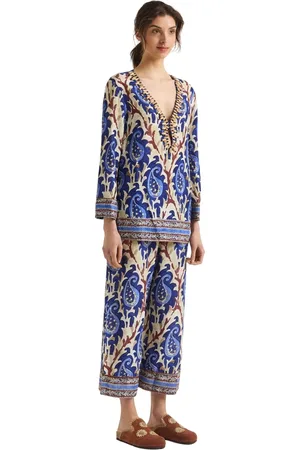 Maliparmi Bluser & Skjorter, Dame, Blå, XS, Uld, Paisley Caftan i Blå og Creme