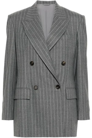 Brunello Cucinelli Jakke, Dame, Grå, XS, Uld, Pinstripe Uldjakke med Peak Revers