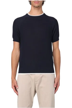 ELEVENTY Strik, Herre, Blå, L, Bomuld, Blå Crewneck Sweatshirt med Ribbed Trims