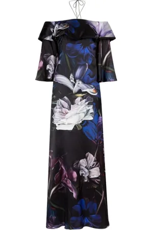 Roberto Cavalli Kjole, Dame, Flerfarvet, M, Uld, Blomstret Ruffled Maxi Kjole