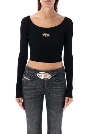 Diesel Top, Dame, Sort, M, Uld, Sort Ribstrikket Crop Top med Metallogo
