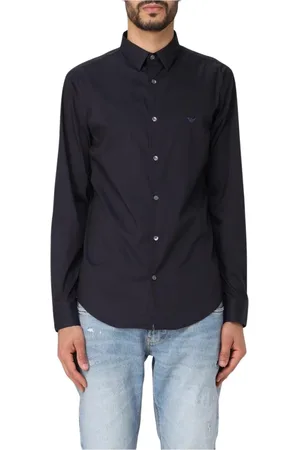 Emporio Armani Skjorte, Herre, Blå, XS, Uld, Sort Poplin Skjorte Stilfuldt Moderne Look